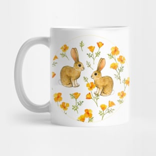 Cute Cottontail Bunnies and California Poppies in Watercolor Mug